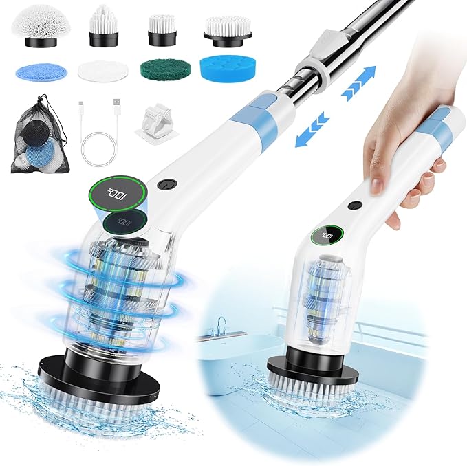 Electric Spin Scrubber Cordless Shower Scrubber with 8 Scrub Brush 2 Speed with Adjustable Extension Handle Battery Level Display Power Scrubber for Bathroom Bathtub Tile Floor White
