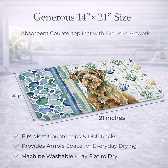 Caroline's Treasures Chestnut Wirehaired Pointing Griffon Coastal Sea Glass Dish Drying Mat Absorbent Dish Drying Mat Pad for Kitchen Counter Dish Drainer Mat for Countertop 14 x 21 Multicolor