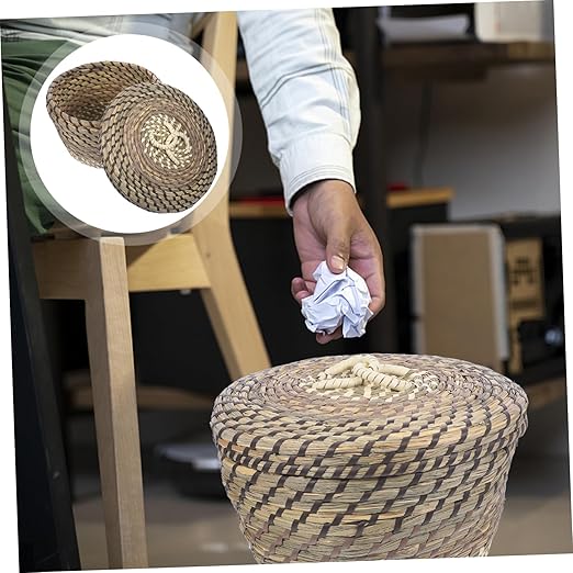 Happyyami Office Waste Basket Under Desk Trash Can Lid Woven Basket Small Trash Can Rustic Design