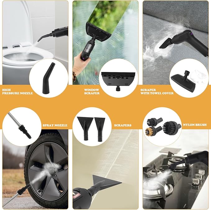 Steam Cleaner - 3-Level Adjustable Handle 15s Heat-Up - Steaming cleaner with 10pcs Accessories - Portable Steam Cleaner for Home for Car Dirt Grease Grout Tile Floor Couch Furniture-Yellow