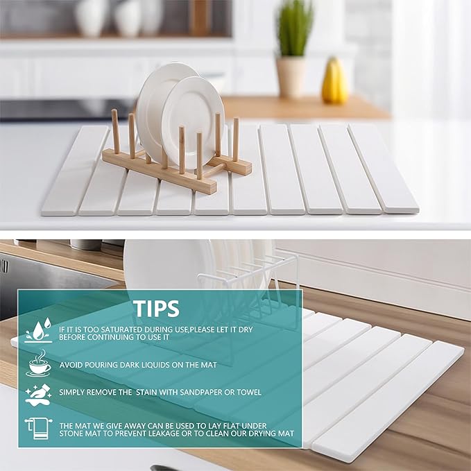 Stone Drying Mat for Kitchen Counter Quick Dry Absorbent Collapsible Dish Drying Mat Eco-Friendly Absorbent Diatomaceous Earth Mats for Dishes Bottles Cups Bathroom Any Counterop 24 x 15