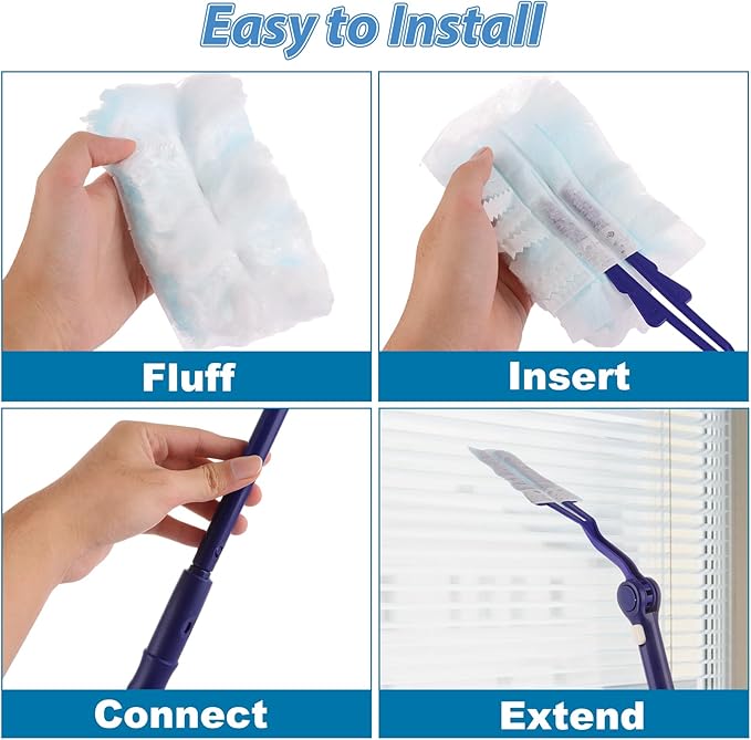 JMIATRY 100PCS Disposable Duster Refills for Swiffer Duster Pads 180 Degree Heavy Duty Dusters Refill with Adjustable Handle Disposable Dusters for Cleaning Home Office (Blue &amp White)