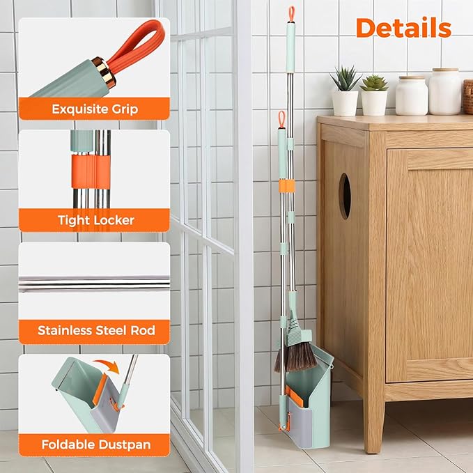 Broom and Dustpan Set with Adjustable Handle Upright Design Built-in Comb Teeth Mint Green for Home Office Hardwood Floors Pet Hair (Green/Gray)