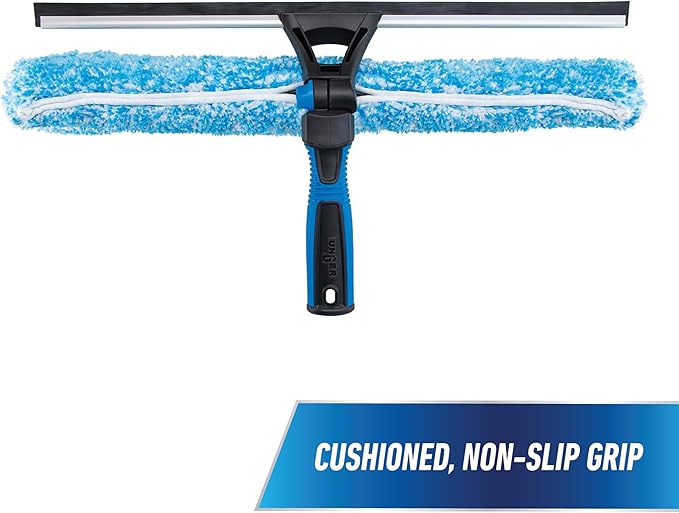 Unger Professional Connect and Clean 18” Proflex 2-in-1 Squeegee and Scrubber High Access Window Cleaning Tool with Pivoting Head Commercial and Residential Use Reusable Microfiber Sleeve