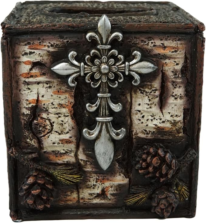 Ebros Gift Rustic Southwestern Inspirational Le Fleur Cross with Birch and Pinecones Bathroom Accessory Resin Sculpture Fleur De Lis Accent (Tissue Box Holder Case)
