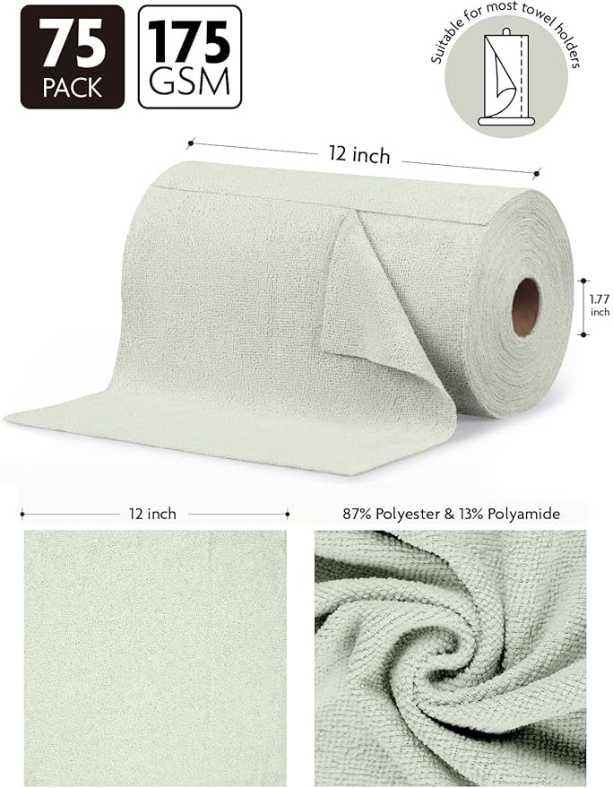 Fantasticlean Microfiber Cleaning Cloth Roll -75 pack Tear Away Microfiber Towels 12 x 12 Reusable Washable Scratch Free Ultra Absorbent Dishcloth for All-around Cleaning Supplies (Moss Green)