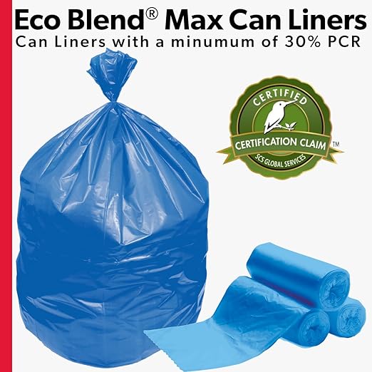 Eco-Blend Max 33 Gallon Can Liner by Heritage Bag Co. (200 Pack) 33x39 0.8mil Blue Tint. Made with 30% PCR