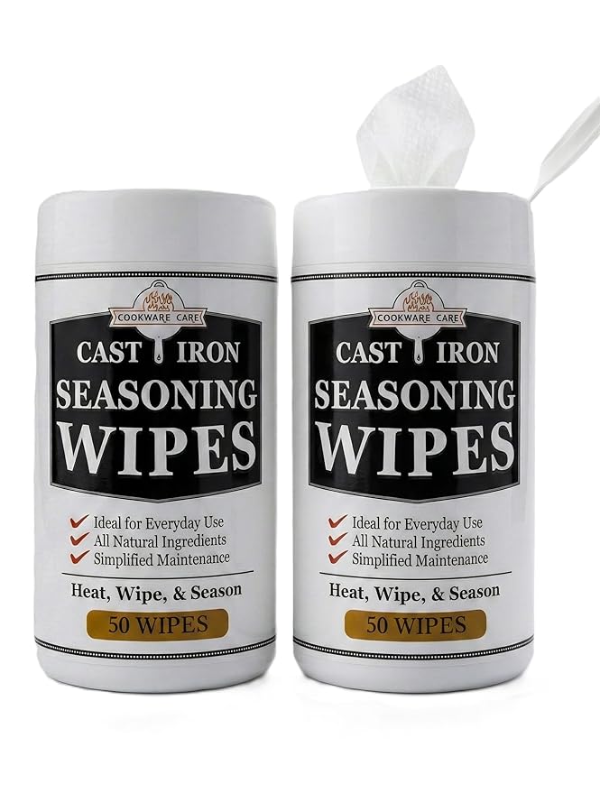 Cookware Care Cast Iron Seasoning Oil Wipes 100 Wipes Made in USA with Grapeseed Oil for Cast Iron Skillet Blackstone Griddle (2 pack)