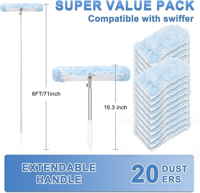 KeFanta Duster Refill Kit with 6 ft Super Extendable Handle Compatible with Swiffer 360° Disposable Microfiber Dusting Pads for Home Cleaning Ceiling Fan Window Hard-to-Reach Areas 20Pcs