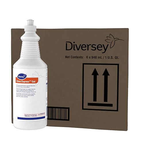Diversey 95002523 Citrus Express Gel All Purpose Gel Solvent Spotter Removes Gum Oils Ink Grease from Carpet &amp Hard Surfaces Citrus Scent 32-Ounce (Pack of 6)