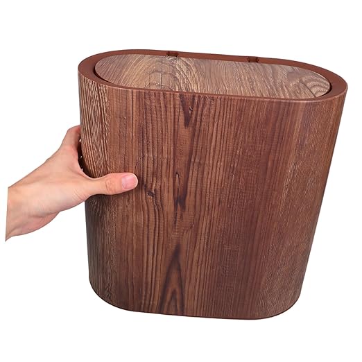 Narrow Bathroom Trash Can with Lid Wood Grain Wastebasket for Kitchen Bedroom Office Odor-Resistant PP Garbage Bin for Small Spaces and Easy to Clean