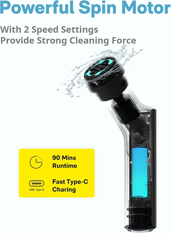 HOTO Cordless Electric Spin Scrubber IPX7 Full Body Waterproof Bathroom Cleaning Brush Max 22 in-lb Shower Scrubber Brush with Long Handle 6 Brush Heads Power Scrubber for Bathroom Floor Tile