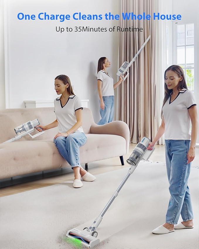 Cordless Vacuum Cleaner 45KPA Stick Vacuum Cleaners for Home 6-in-1 Rechargeable Lightweight Vacuum Up to 35Mins Runtime with Powerful Suction for Carpets Pet Hair Hardwood Floors