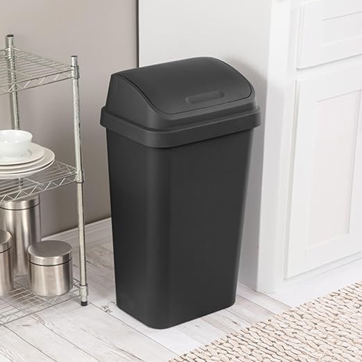 Sterilite 4-Pack Swing Top Wastebasket Sleek Square Profile Trash Can 13 Gallon Black - Modern Garbage Bin for Kitchen Bathroom Garage and Workspace Fits 13 Gal Liners