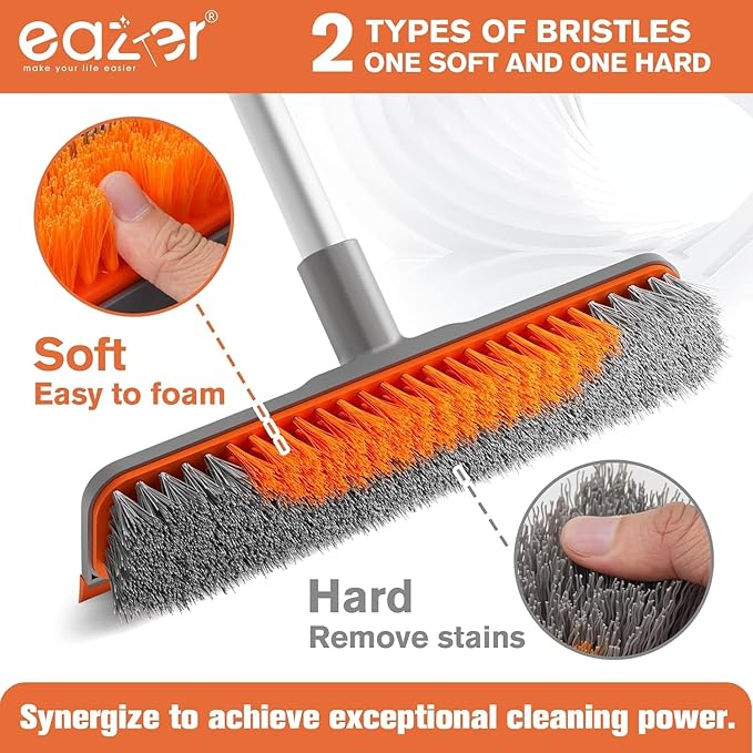 Eazer Floor Scrubber Brush 2-in-1 Deck Scrubber Brush with Long Handle Soft &amp Hard Bristle Brush for Cleaning Concrete Squeegee Broom for FloorBathroom GarageKitchenWallTile and Swimming Po