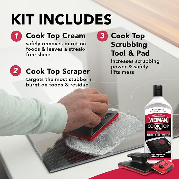 Weiman Glass &amp Ceramic Cooktop Stove Top &amp Oven Cleaner Kit – Kitchen Cleaner Cream 3 Scrubbing Pads &amp Scraper for Burnt-On Food &amp Grease Clean Shine - Safe for Induction Electric
