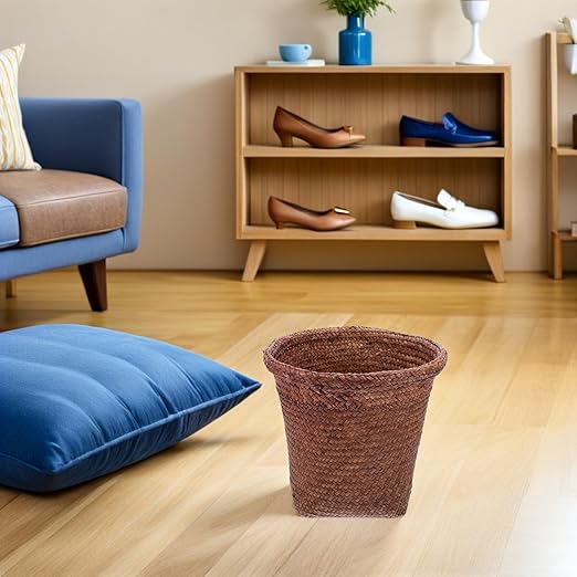 Straw Woven Wastebasket Small Trash Can Coffee Color Medium Size Household Office Waste Paper Basket for Bedroom Bathroom Countertop Use