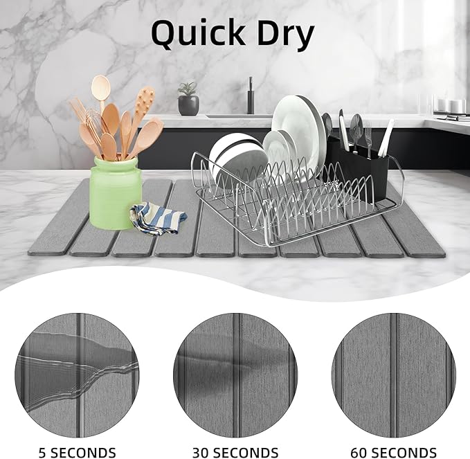 Stone Dish Drying Mat24(L)×16(W) - Fast-Drying Collapsible Kitchen Counter Mat for Dishes Cups &amp Bottles with Sanding Tool + Placemat Dark gray