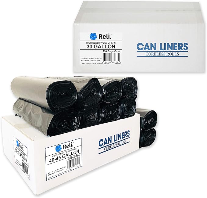 Reli. 40-45 Gal &amp 33 Gal Trash Bags 250 Count Black