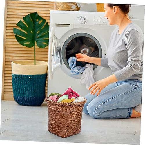 1pc Straw Woven Wastebasket Natural Design Office Trash Container Home Trash Can