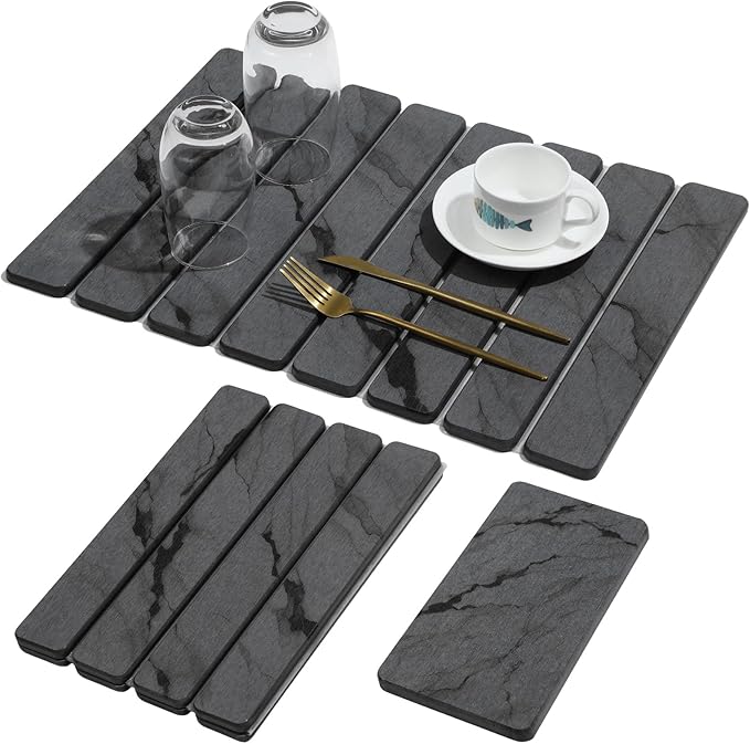 2 PCS Stone Dish Drying Mat for Kitchen CounterQuick Dry Stone Dishes MatsMarbled Water Absorbing Diatomaceous Earth Drying Pad for Countertop Bottles Utensils Cups（Dark Gray 20×14 &amp 8x4）