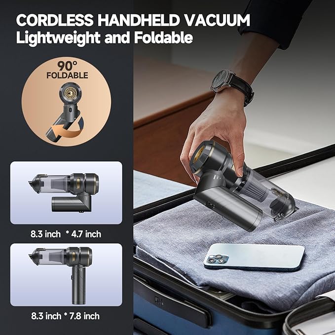 Car Vacuum Portable Cordless Foldable Handheld Vacuum with Brushless Motor 22000PA High Power Mini Hand Vacuum Cleaner &amp Air Blower &amp Duster &amp Pump for Home Pet Office
