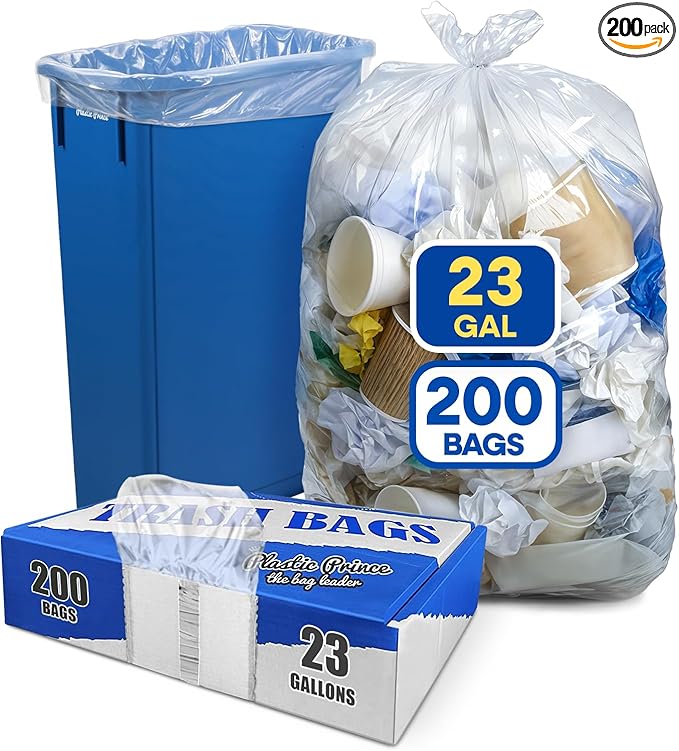 23 Gallon Trash Bags 1 Mil Clear Waste Bags Fits Slim Jim 23 Gal Trash Cans 29 x 44 Tall Garbage Trash Can Liners 200 Pack