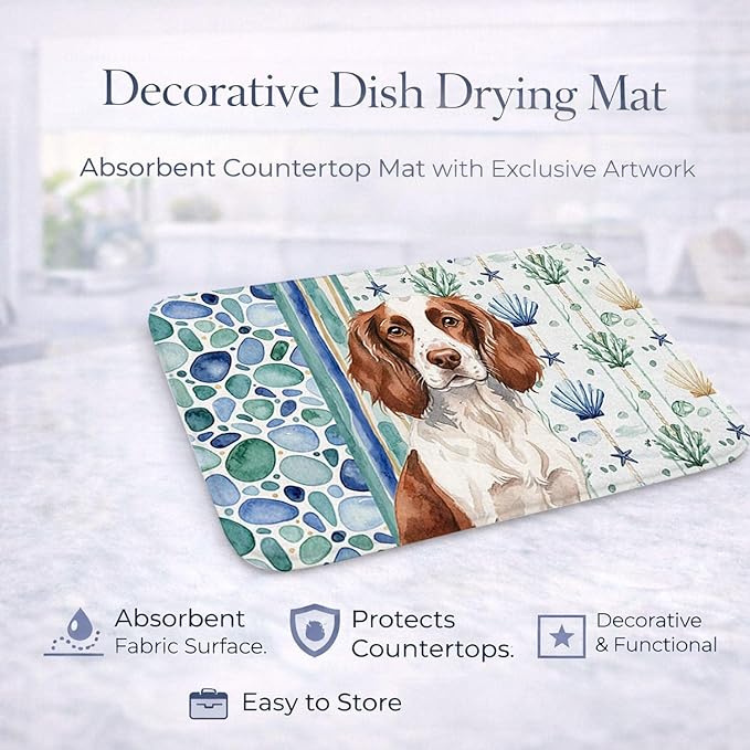 Caroline's Treasures Liver and White English Springer Spaniel Coastal Sea Glass Dish Drying Mat Absorbent Dish Drying Mat Pad for Kitchen Counter Dish Drainer Mat for Countertop 14 x 21 Multicolor
