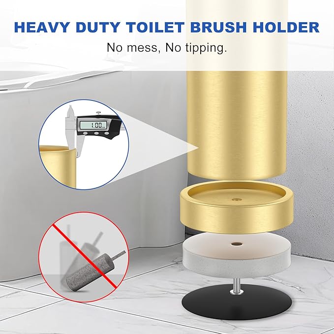 Toilet Brush and Holder Set: 304 Stainless Steel Brushed Gold Toilet Bowl Brush and Holder with Removable Inner Bowl and Splash Protection Heavy Duty Long Handle Bathroom Cleaning Tool