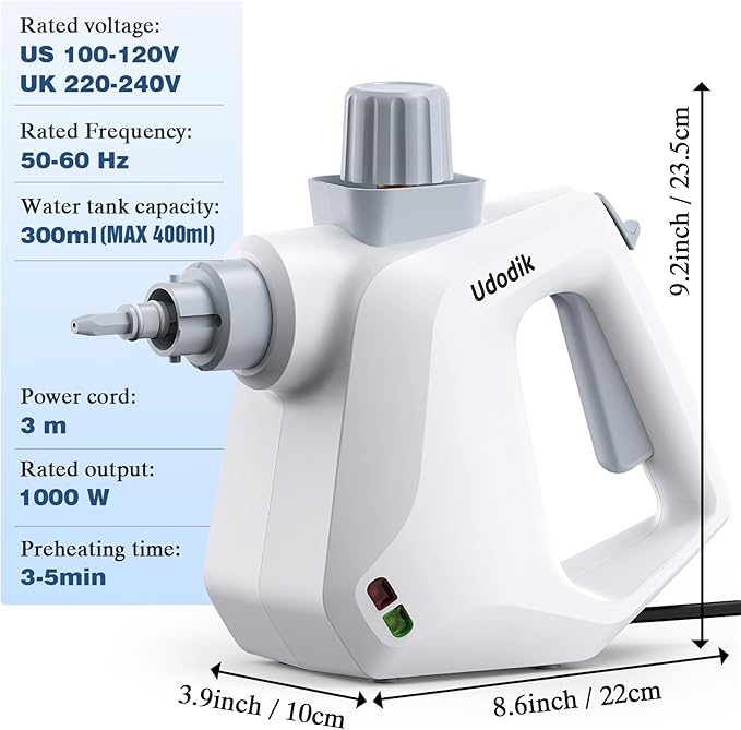Handheld Steam Cleaner versatile and portable design comes with a safety lock and a 10-piece accessory set to easily remove dirt and grease (white).