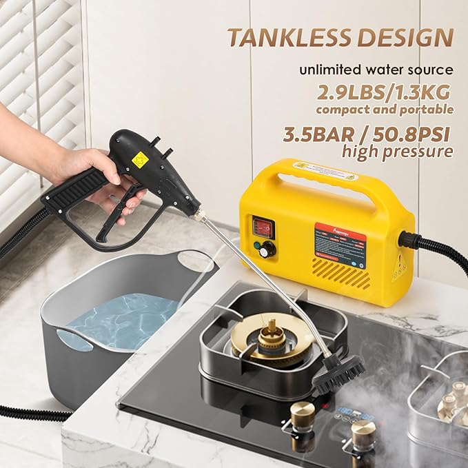 Pressurized Steam Cleaner Tankless 1500W Handheld Steamer for Cleaning Grout Tile Hand Held Portable Steam Pressure Washer for Home Kitchen Bathroom Car Auto 110V(Yellow)