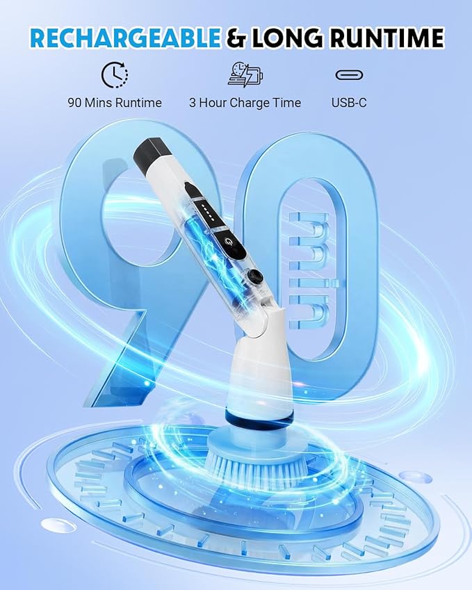 Electric Spin Scrubber Shower Scrubber with Long Handle 7 Brush Heads 2-Speed Cordless Bathroom Cleaning Brush 54in Extendable Electric Cleaning Brush for Tub Tile Floor &amp Kitchen