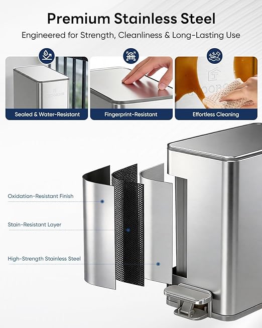 10L/2.6G Slim Bathroom Trash Can Narrow Stainless Steel Soft-Close Step Pedal Bin with Lid Odor Control Carbon Box Removable Inner Bucket Small Waste Bin for Bedroom Office RV (Silver)
