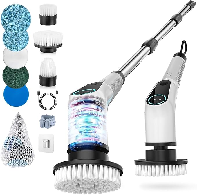 Dovety Electric Spin Scrubber Cordless Cleaning Brush Shower Scrubber with 8 Replaceable Brush Head Power Cleaning Brush with Extension Handle 2 Adjustable Speed for Bathtub Grout Tile Floor