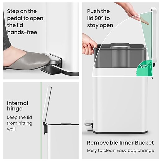 Cesun Bathroom Trash Can with Lid 2.6 Gallon Small Bathroom Garbage Can Soft Close Stainless Steel Waste Basket with Step Pedal for Bedroom Laundry Room Living Room Home Office Toilet RV White