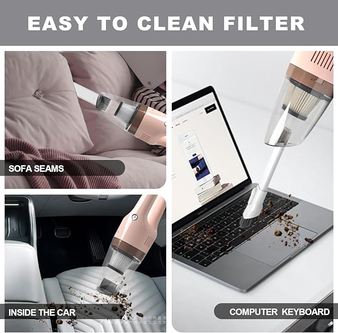 Portable Handheld Vacuum Cleaner Cordless Cleaner for Dirt Home Pet Hair Car Interior Dust Power Suction Lightweight Stylish Hand Vacuum (Pink)