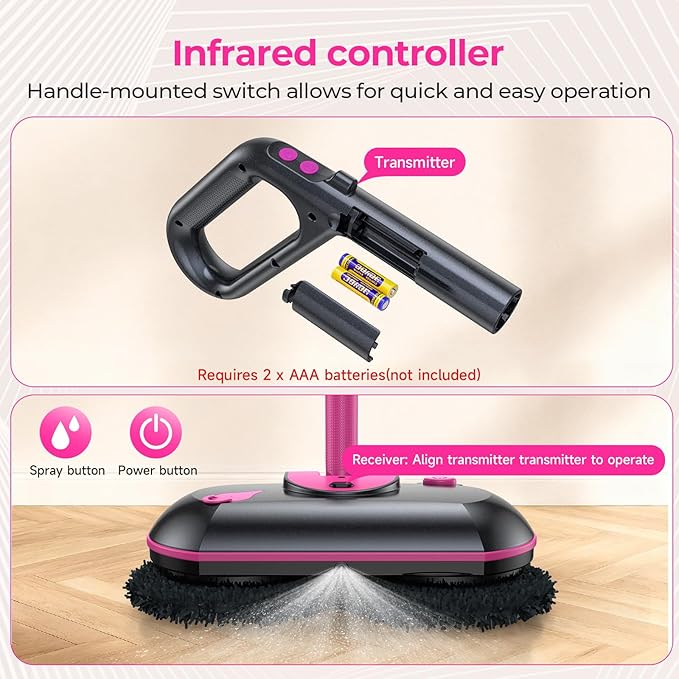 ScrubWiz Cordless Electric Spin Mop with Water Sprayer 300ml Tank Self-Propelled Floor Cleaner for Hardwood &amp Tile Quiet Cleaning Adjustable Handle 2500mAh Long-Lasting Battery Pink