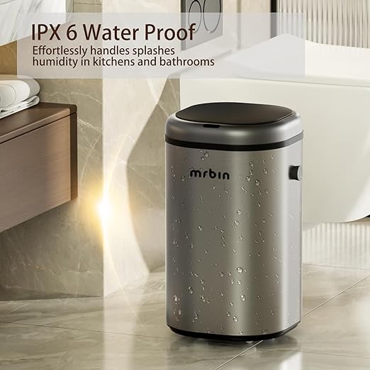 MRBIN Stainless Steel Adsorption Motion Sensor Trash Can Removable 18L / 4.8gal Automatic Absorbing Bag Lidded Garbage Bin with Wheels Waste Basket for Kitchen Bathroom Eclipse Grey