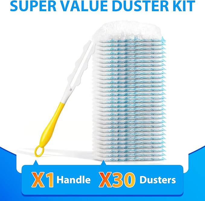 60 Count Larger Size Duster Refills for Swiffer Dusters with 1 Handle - Multi-Surface Feather and Microfiber Duster Disposable Alternative Heavy Duty Cleaning Kit for Home Furniture Blinds and Vent
