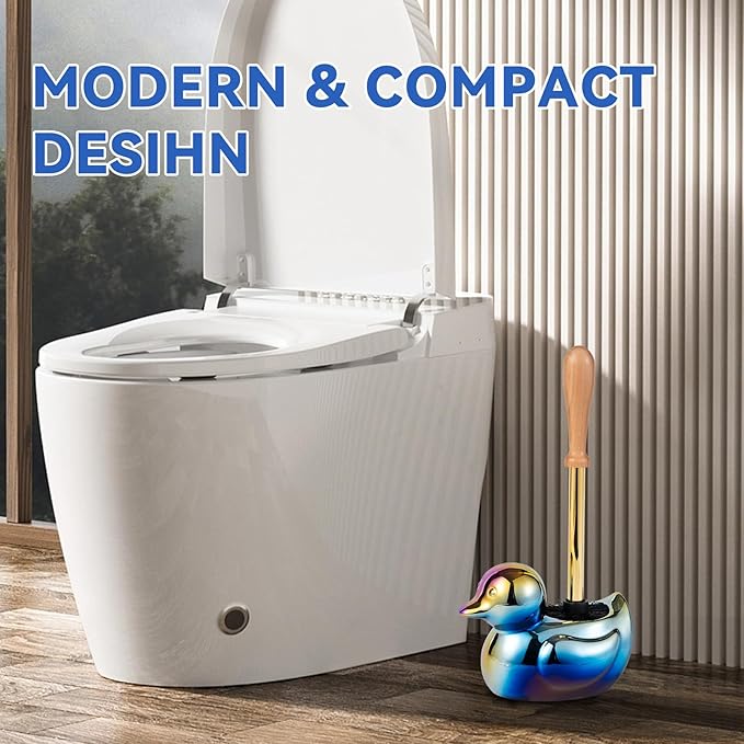 Ceramic Toilet Brush and Holder Set with Duck Base - Multicolor Rainbow Freestanding Bathroom Brush Organizer Space-Saving 7.5 Bowl Cleaner Kit - Bath Decor