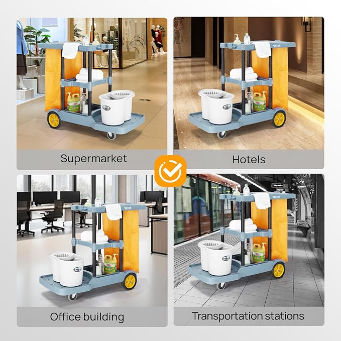 TUFFIOM Commercial Traditional Cleaning Janitorial 3-Shelf Cart 500 Lbs Capacity Housekeeping Cart 42.5 L x 18.7 W x 37.6 H Wheeled with 22 Gallon Yellow Vinyl Bag and Cover w lid Blue