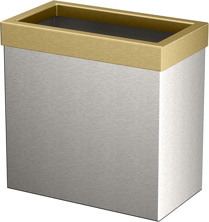 Gatco Small Bathroom Trash Can with Lid Rectangle 3 Gallon Stainless Steel Wastebasket Under Sink Satin Nickel and Brushed Brass for Bathroom Bedroom Office (1917B)