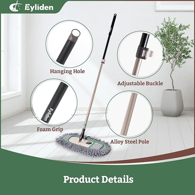 Eyliden Pro Dust Mops for Floor Cleaning - Total 3 Washable Microfiber Pads One-Click Replacement Telescopic Handle Professional Design for Floors &amp Pet Hair (Grey+Green)