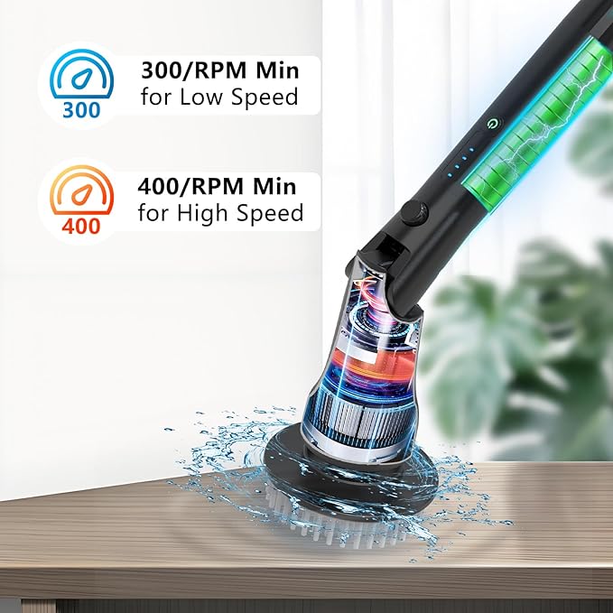 Electric Spin Scrubber Hillyfe Bathroom Scrubber Electric with 7 Replaceable Brush Heads IPX7 Waterproof300/400 RPM 3 Adjustable LengthScrubber Brush Electric for Bathtub FloorBlack