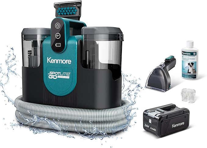 Kenmore KW1090 SpotLite Go 24V Cordless Brushless Portable Carpet Spot Cleaner 16Kpa Power Suction 55Mins Runtime with Hose Cleaning Tool for Pets Area Rugs &amp Couches