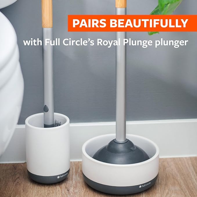 Full Circle Scrub Queen Bathroom Toilet Brush with Ceramic Holder and Instant-Dry Coating for Mold &amp Mildew Prevention More Hygenic Toilet Cleaning Scrubber Replaceable Head White