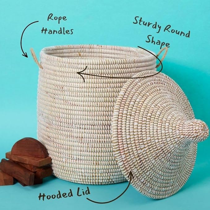 Small White Basket with Lid for Baby Laundry Small Toy Storage Hand Towels Handwoven Basket White 12 Inch Wide 14 Inch Tall