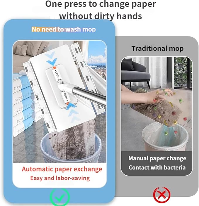 Convenient Cloth Changing Mini Mop No Wash Mop No Touch - Press to Fix &amp One-Click Disassembly 39in Long Handle Retractable 360 Rotation Lazy Mops Clip Mops (1Pc+10 Reusable Cloth)