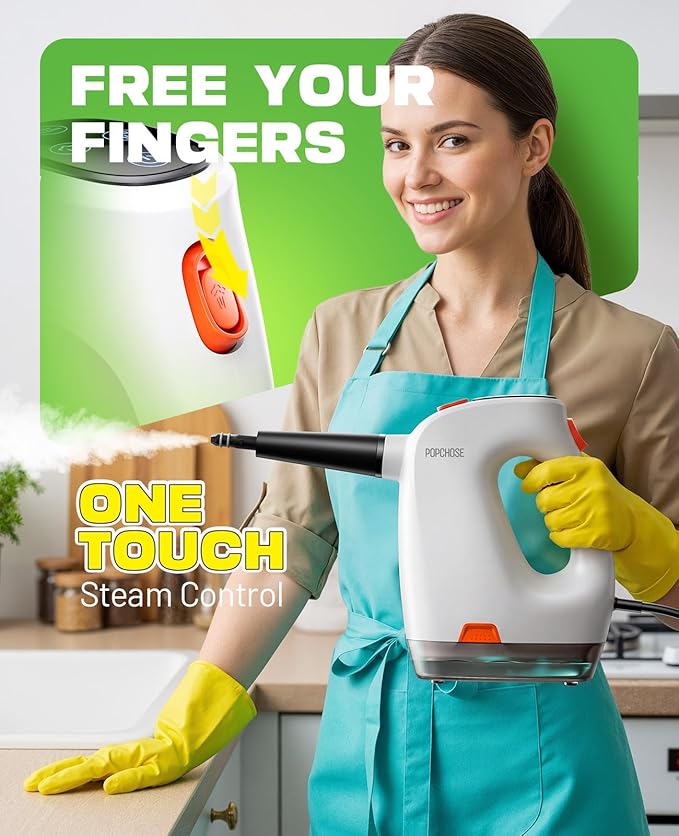 POPCHOSE Steam Cleaner with Detergent Dispenser 15s Heat-Up Handheld Steam Cleaner for Home 500ml Removable Water Tank Lightweight Portable Steamer for Cleaning Grout Windows Kitchen Easy Refill