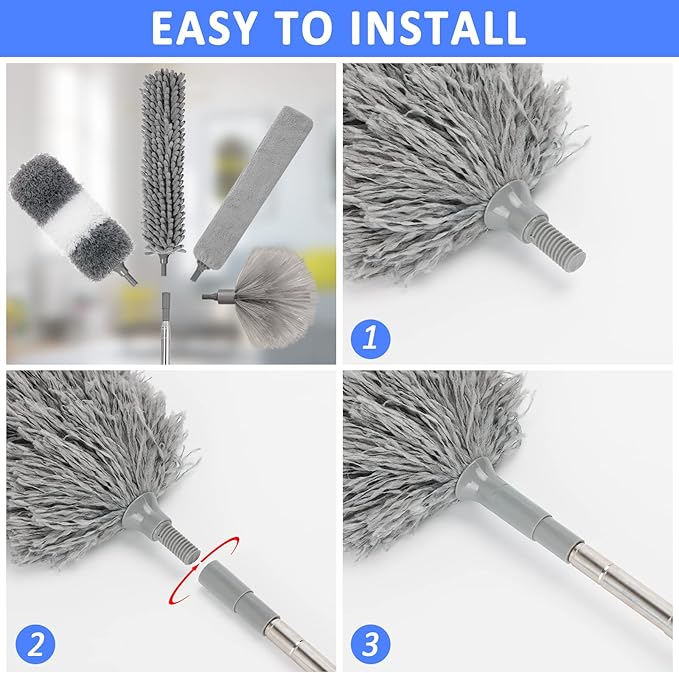 Microfiber Duster Kit 23pcs with 30 to 100 Inches Extension Pole and Extendable Window Squeegee Washable and Bendable Feather Duster for Cleaning Ceiling Fans High Ceilings Cobwebs Blinds